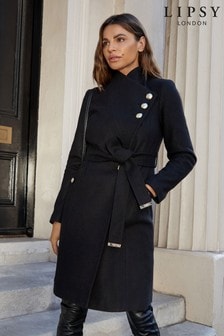 Lipsy Black Regular Wool Blend Military Button Coat (R82468) | $207