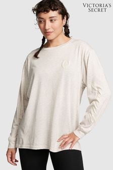 Victoria's Secret PINK Heather Oatmeal Beige Long Sleeve Oversized Campus T-Shirt (R83655) | kr376