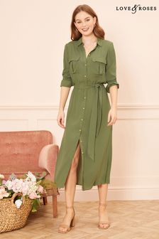 ירוק חאקי - שמלת חולצה באורך מידי עם הדפס של Love & Roses (R84220) | ‏134 ₪