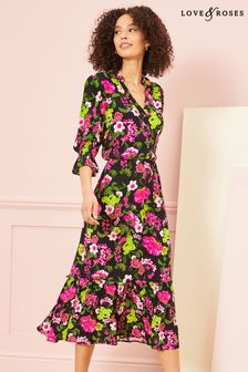 Love & Roses Pink and Green Regular Frill Neck Tiered Midi Dress (R84282) | €27