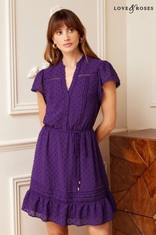 Love & Roses Purple Lace Ruffle Ruffle V Neck Tie Front Short Sleeve Trim Summer Skater Dress (R90514) | €32