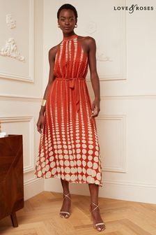 Love & Roses Rust Spot Printed Halter Pleated Belted Midi Dress (R90515) | 53 €
