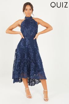 Quiz Blue Embroidered Dip Hem Dress (R90541) | $148