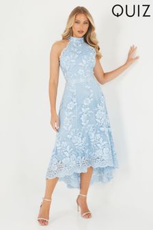 Quiz Light Blue Embroidered Dip Hem Dress (R90542) | $148