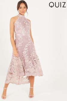 Quiz Pink Embroidered Dip Hem Dress (R90543) | $143