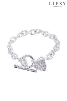 Lipsy Jewellery Silver T Bar Pave Heart Chain Bracelet (R90676) | HK$165