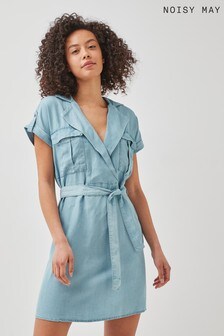 Noisy May Light Blue Denim Tencel Belted Shirt Dress (R91893) | $55