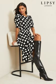 Черно-белый в горошек - летнее платье миди с пышными рукавами и завязкой на талии Lipsy (R95893) | €64