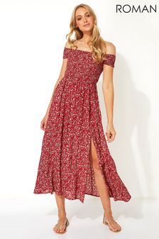 Rojo - Vestido largo con escote Bardot y diseño estampado con frunces de Roman (R96255) | 43 €
