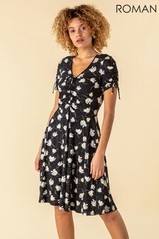 Roman Black Floral Spot Ruched Tea Dress (R96314) | $71