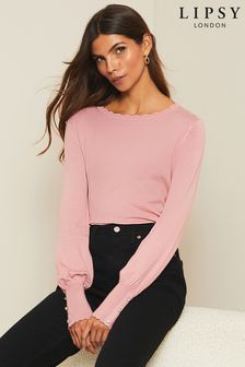 Lipsy Pink Regular Scallop Long Sleeve Knitted Jumper (R96479) | kr265