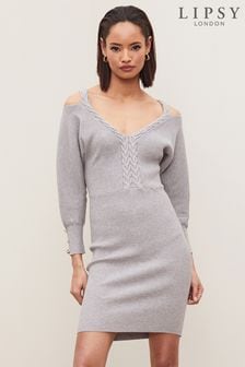 Lipsy Grey Cable Cold Shoulder Knit Dress (R98306) | kr489