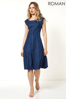 Roman Blue Top Stitch Skater Dress (R99134) | ₪ 186