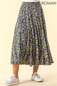 Roman Blue & Yellow Ditsy Floral Burnout Midi Skirt (R99204) | ₪ 163