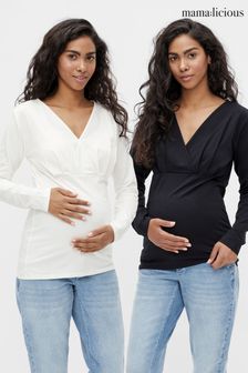 Mamalicious Black 2 Pack V Neck Maternity & Nursing Function Long Sleeve Top (RM4631) | ￥7,050