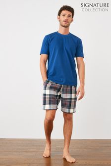 Blue/Neutral Signature Brushed Cotton Pyjama Set (T01398) | TRY 401
