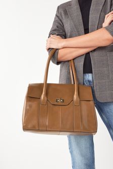 Светло-коричневый - Кожаная сумка-тоут с застежкой-замком (T01839) | 2 700 грн