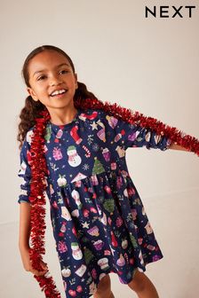 Navy Blue Christmas Print Long Sleeve Jersey Dress (3-16yrs) (T02083) | €11 - €16