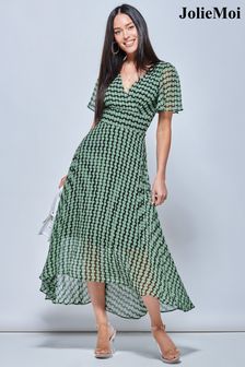 Jolie Moi Green V-Neck Pleated Chiffon Maxi Dress (T03238) | kr1 450
