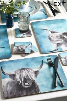 Set of 4 Teal Blue Hamish The Highland Cow Placemats And Coasters (T03659) | $27