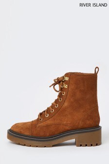 River Island Brown Panelled Lace-Up Ankle Boots (T04355) | ₪ 212