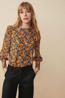Orange Ditsy Floral Long Sleeve Cuff Top (T04548) | $44