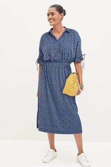 Blue Ditsy Floral Shirt Midi Dress (T04755) | $76