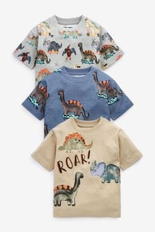  (T07973) | €16 - €21 Blauw/ecru-crème dinosaurus-aquarel - Set van 3 ruimvallende T-shirts (3 mnd-7 jr)