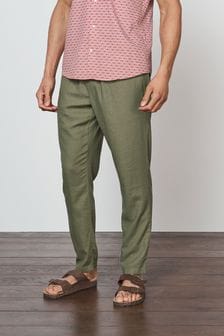 Green Relaxed Tapered Fit Linen Blend Drawstring Trousers (T08112) | ₪ 80