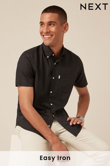 Black Regular Fit Short Sleeve Easy Iron Button Down Oxford Shirt (T08864) | $39