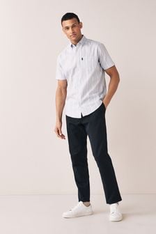 כחול ולבן עם פסים - גזרה רגילה עם שרוול קצר - חולצת אוקספורד עם כפתורים לגיהוץ קל (T08935) | ‏64 ₪
