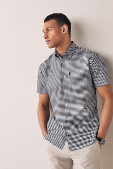 Navy Blue Gingham Slim Fit Short Sleeve Easy Iron Button Down Oxford Shirt (T08939) | kr221