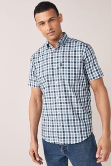 Blue Check Regular Fit Short Sleeve Easy Iron Button Down Oxford Shirt (T08940) | CHF 24