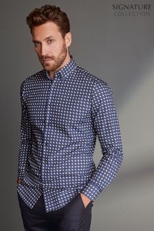Blue Geometric Print Slim Fit Single Cuff Signature Trimmed Shirt (T08972) | $57