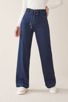 Dark Blue Cosy Feel Soft Stretch Jersey Denim Wide Leg Jeans (T08989) | $62