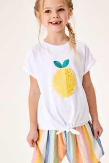 White Lemon Confetti Sequin Tie Front T-Shirt (3-16yrs) (T09139) | €15 - €21.50