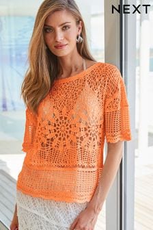 Fluro Orange Crochet Short Sleeve Knit Top (T10139) | 66 zł
