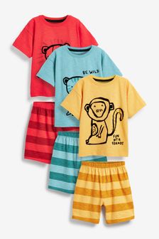 Roșu/albastru/galben cu animale - Set de 3 pijamale scurte (9 luni - 12 ani) (T10584) | 190 LEI - 240 LEI