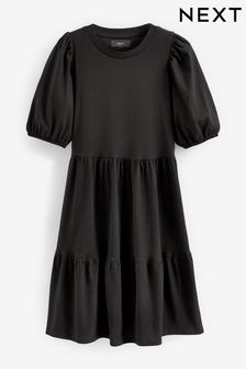 Black Cotton Round Neck Short Sleeve Tiered Mini Dress (T11292) | $33
