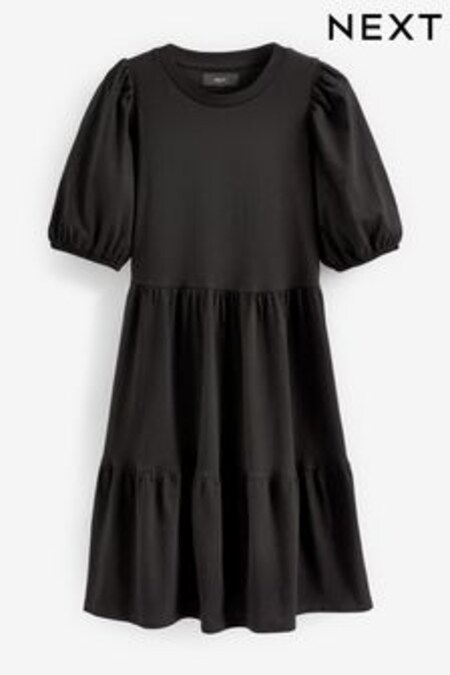 Black Cotton Short Puff Sleeve Tiered Mini Dress (T11292) | $33