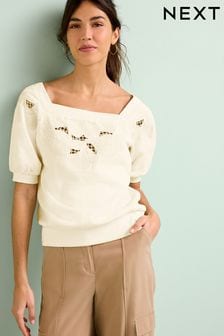 Ecru White Square Neck Broderie Detail Sweatshirt (T11317) | $55
