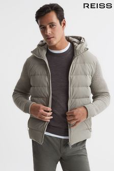 Reiss Soft Grey Murphy Zip Close Hybrid Knitted Hoodie (T11374) | OMR209