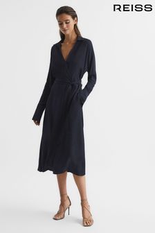 Reiss Navy Cecily Wrap Shirt Midi Dress (T11380) | €347