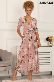 Jolie Moi Dusky Pink Gavina Ruched Sleeve Mesh Maxi Dress (T12328) | €140