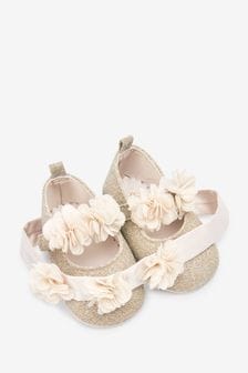 Zlatá třpytivá - Společenská souprava botů a čelenky s květinami pro miminka (0-18 měsíců) (T12380) | 455 Kč