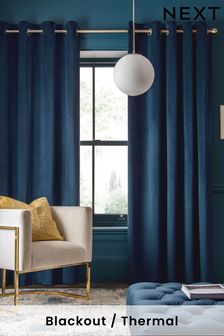 Navy Blue Matte Velvet Eyelet Blackout/Thermal Curtains (T12443) | AED194 - AED523