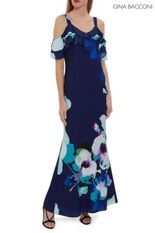Gina Bacconi Blue Gailyn Floral Crepe Maxi Dress