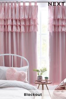 Pink Ruffle Pom Pom Tab Top Blackout Curtains (T12813) | KRW67,200 - KRW126,900
