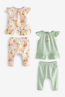 Sage Green Floral Short Sleeved Baby 4 Piece Tops and Leggings Set (T13069) | ₪ 70 - ₪ 77
