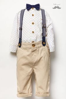 Little Gent Natural Shirt Bodysuit, Bowtie, Trouser And Braces 3 Piece Baby Set (T13521) | ₪ 140